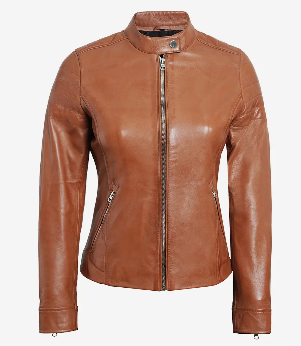 Womens Real Lambskin Leather Tan Biker Jacket