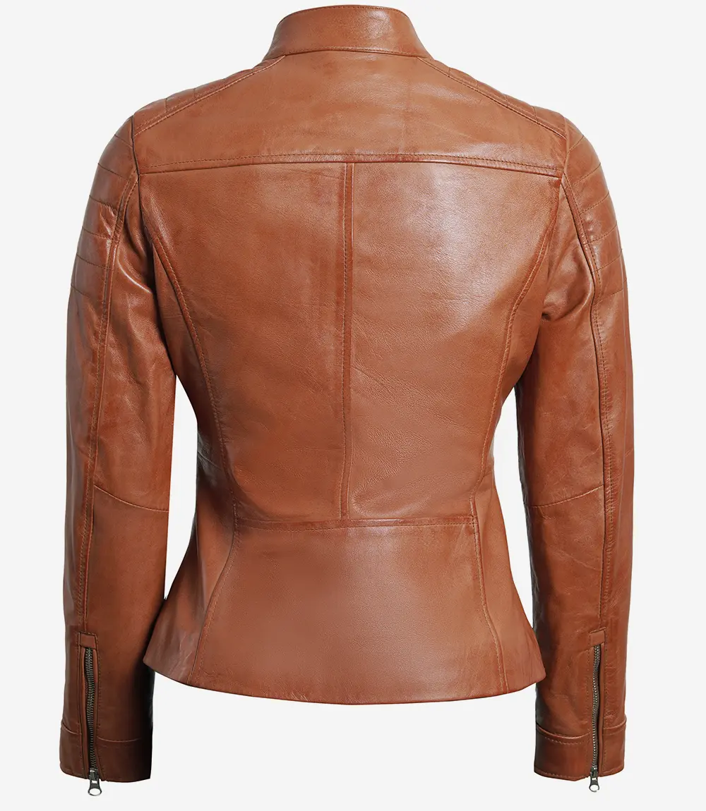 Womens Real Lambskin Leather Tan Biker Jacket